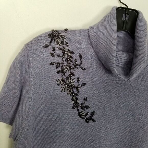 Talbots Women Silk Cashmere Turtleneck sweater sz L Violet Short Sleeve Beaded - Picture 6 of 8